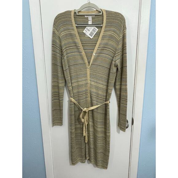 Casual Corner Long Knit Cardigan Sweater XL Metallic Gold Striped Y2K  NWT - Picture 1 of 8